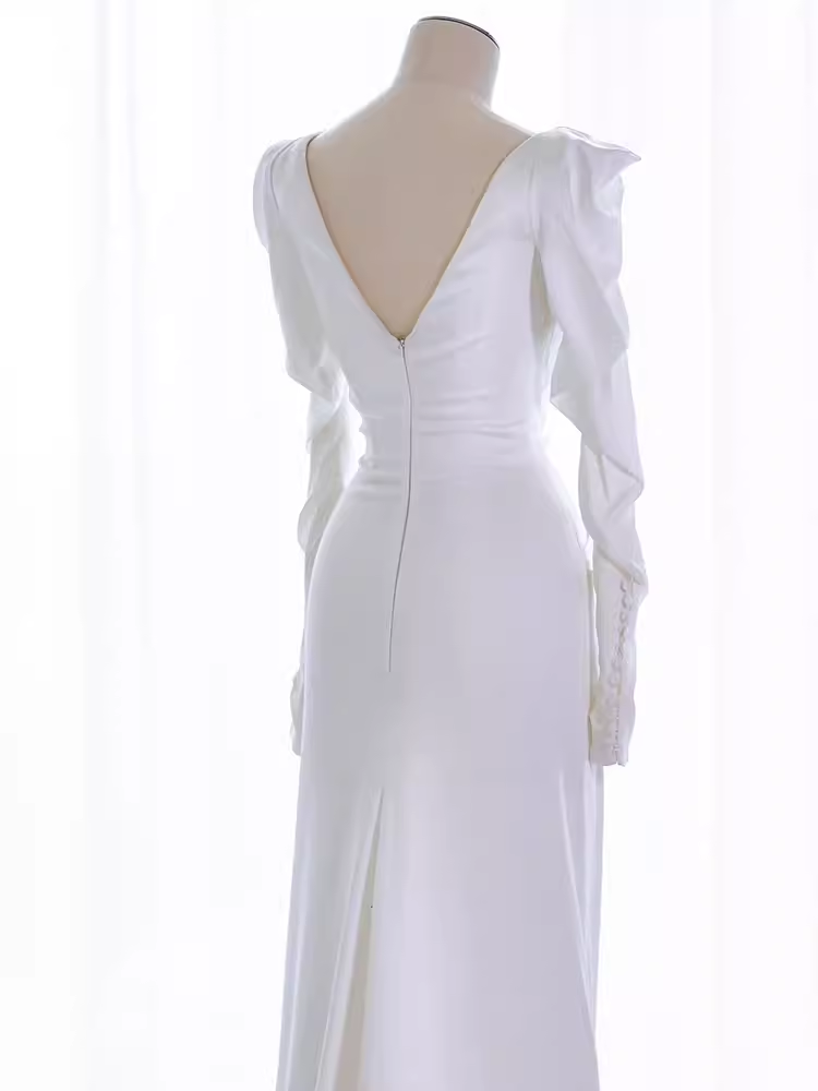 Vintage Mermaid Long Sleeves White Satin Long Wedding Dresses C23