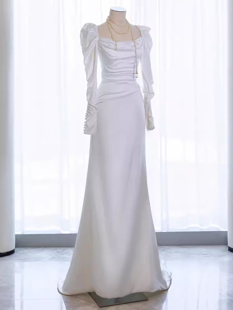 Vintage Mermaid Long Sleeves White Satin Long Wedding Dresses C23
