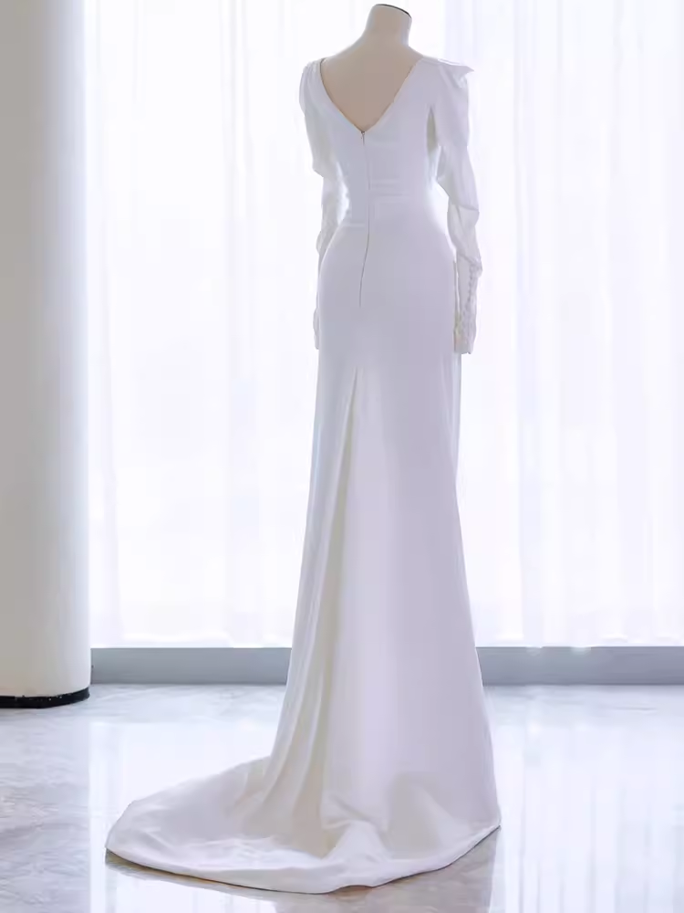 Vintage Mermaid Long Sleeves White Satin Long Wedding Dresses C23