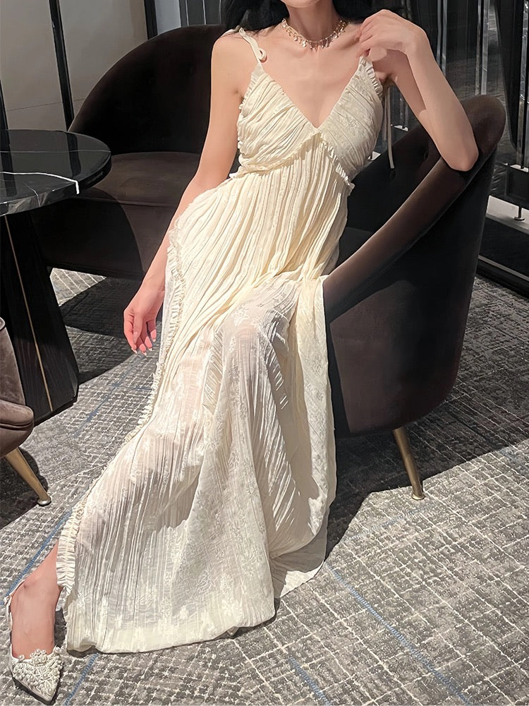 Robe de soirée sexy en mousseline de soie à bretelles spaghetti et fente au sol C2401