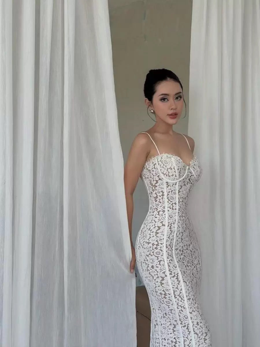 Robe de soirée sexy à bretelles spaghetti en dentelle blanche, longueur cheville, robe de bal, C2403