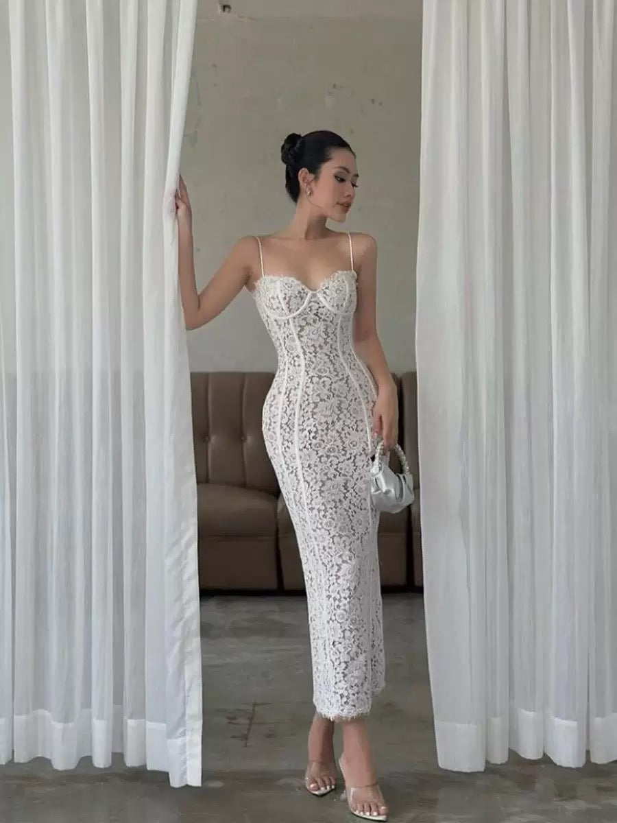 Robe de soirée sexy à bretelles spaghetti en dentelle blanche, longueur cheville, robe de bal, C2403