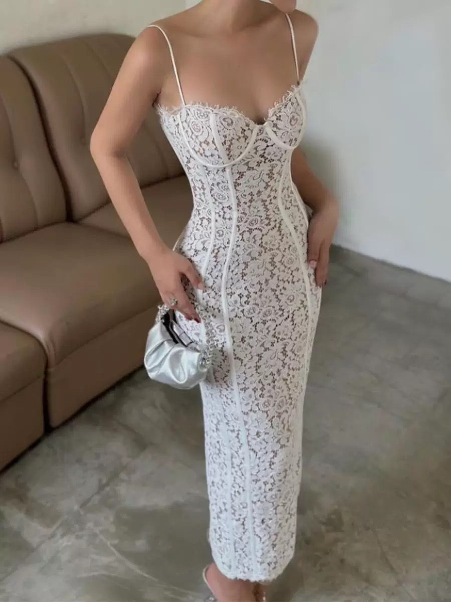 Robe de soirée sexy à bretelles spaghetti en dentelle blanche, longueur cheville, robe de bal, C2403