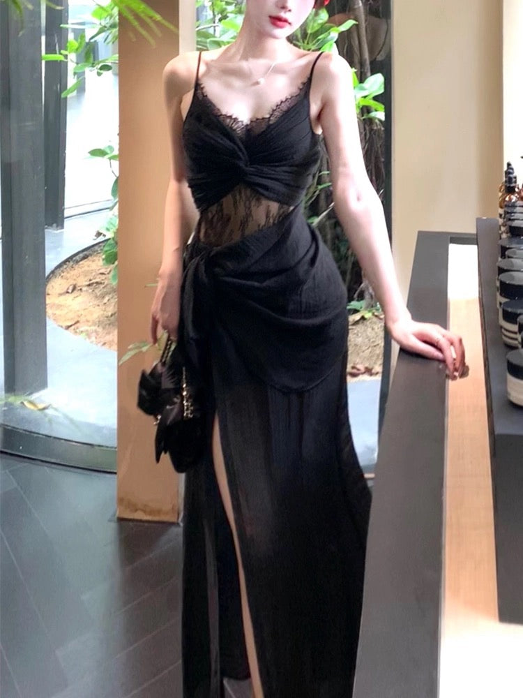 Robe de soirée noire à bretelles spaghetti et jolie robe de bal à la cheville C2406