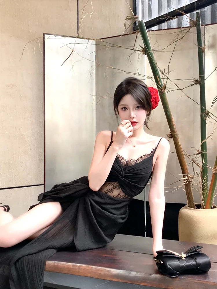 Robe de soirée noire à bretelles spaghetti et jolie robe de bal à la cheville C2406