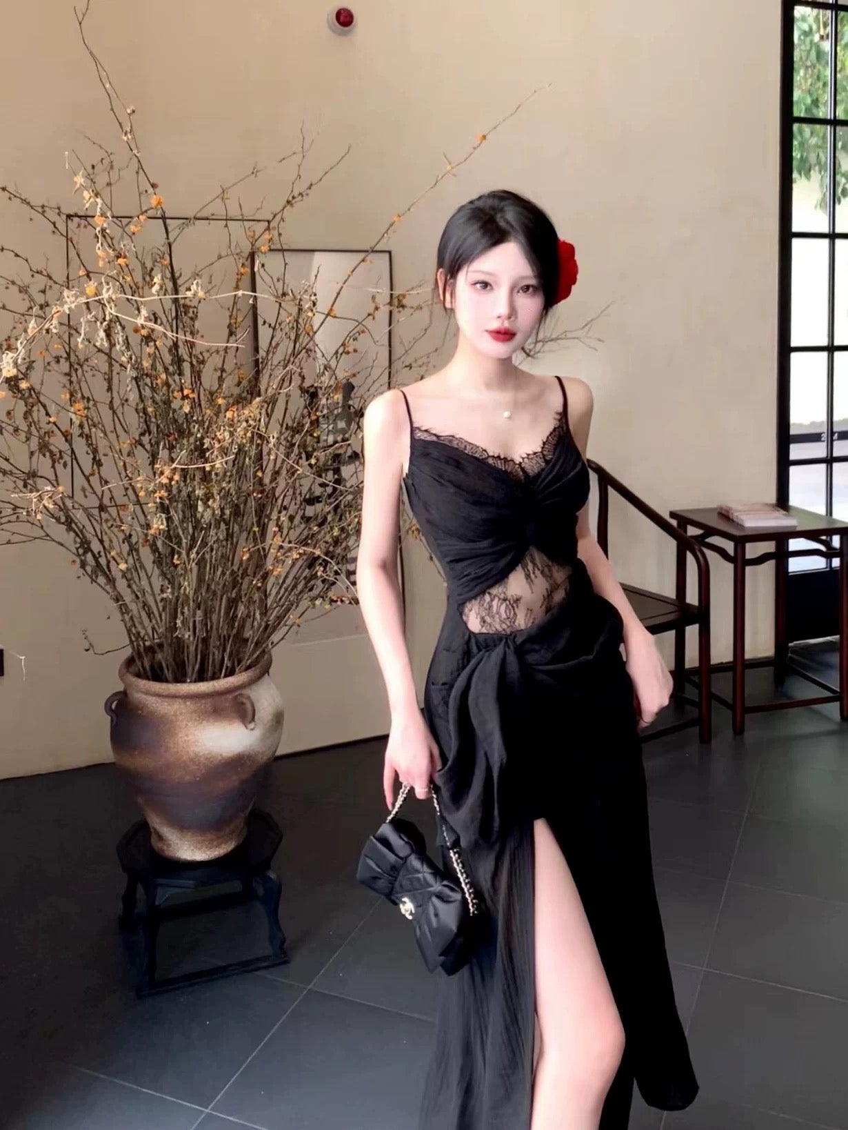 Robe de soirée noire à bretelles spaghetti et jolie robe de bal à la cheville C2406