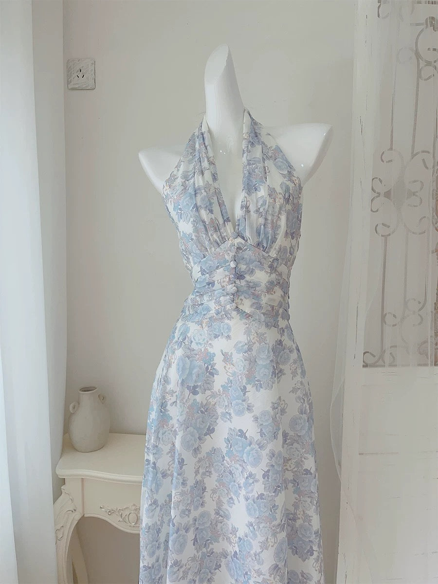 Robe de soirée longue en mousseline de soie à fleurs lilas avec licou en ligne A C2407
