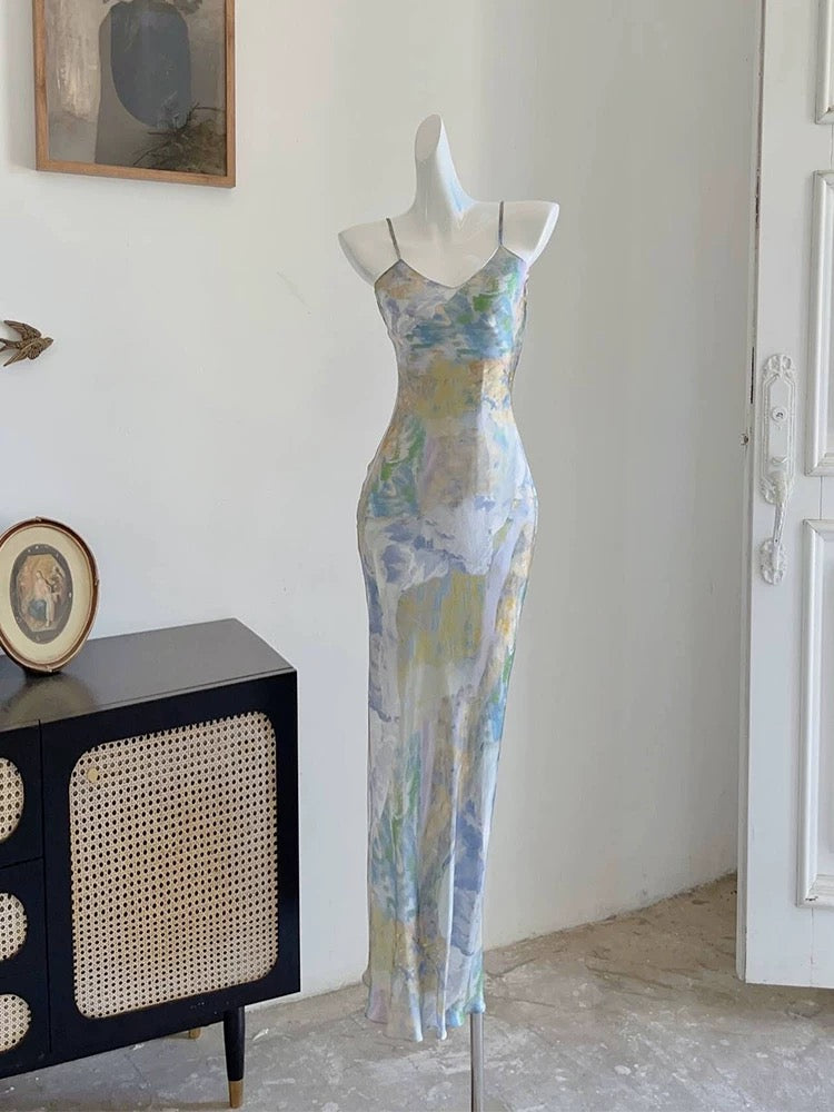 Robe de soirée longue à bretelles spaghetti et fourreau française à fleurs C2409