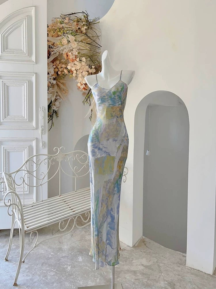 Robe de soirée longue à bretelles spaghetti et fourreau française à fleurs C2409