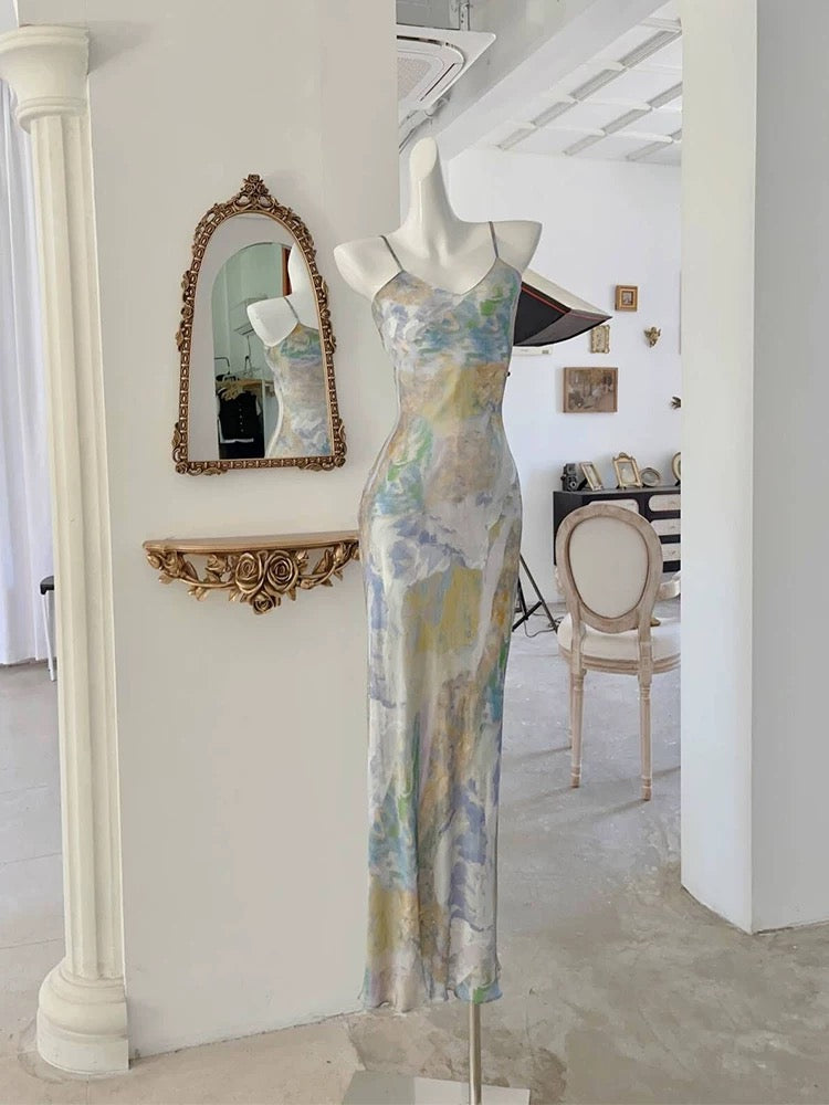 Robe de soirée longue à bretelles spaghetti et fourreau française à fleurs C2409