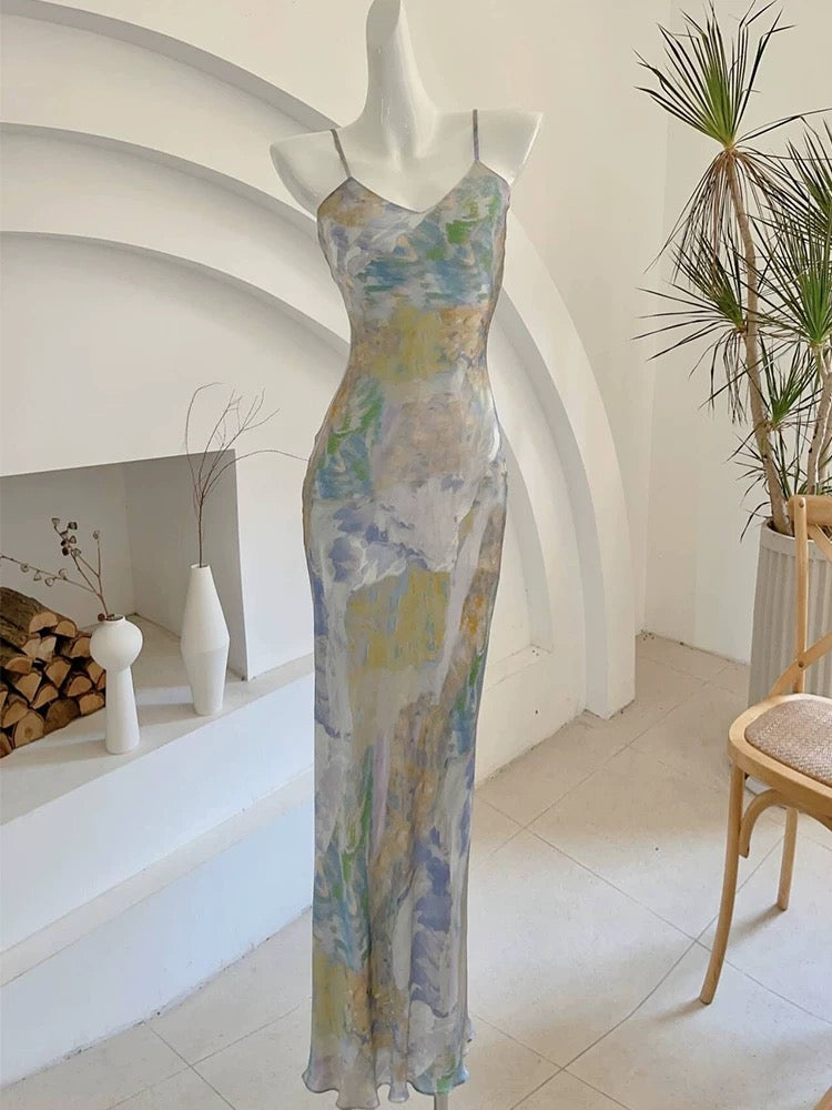 Robe de soirée longue à bretelles spaghetti et fourreau française à fleurs C2409