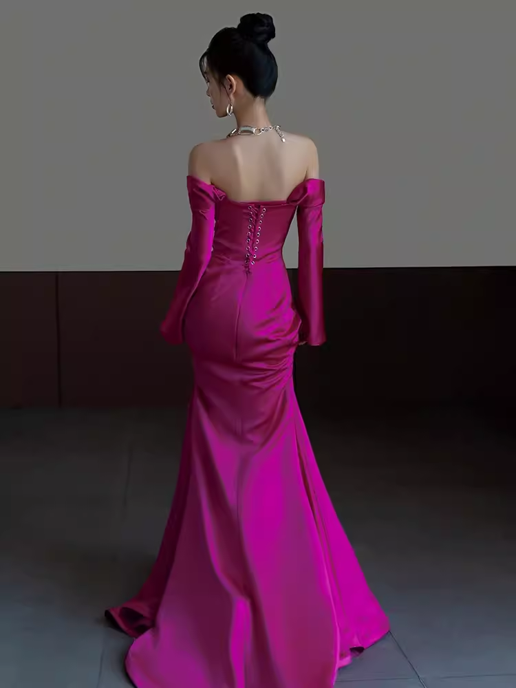 Sexy Mermaid Off The Shoulder Hot Pink Long Sleeves Prom Dresses Satin Birthday Outfits C240