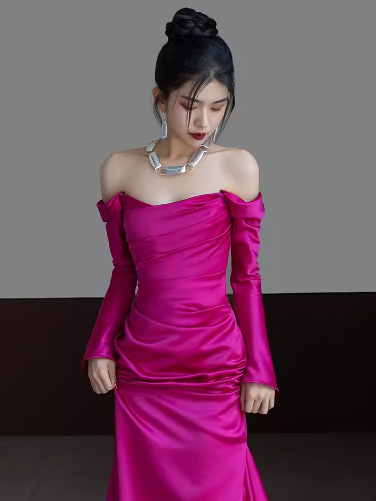 Sexy Mermaid Off The Shoulder Hot Pink Long Sleeves Prom Dresses Satin Birthday Outfits C240