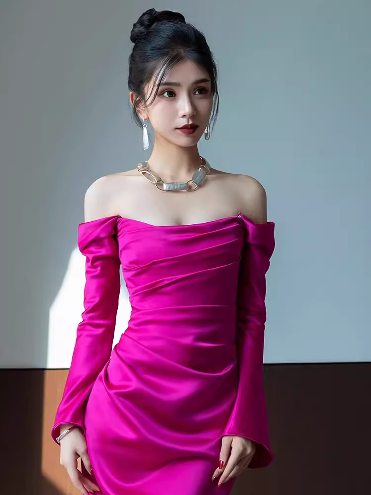 Sexy Mermaid Off The Shoulder Hot Pink Long Sleeves Prom Dresses Satin Birthday Outfits C240