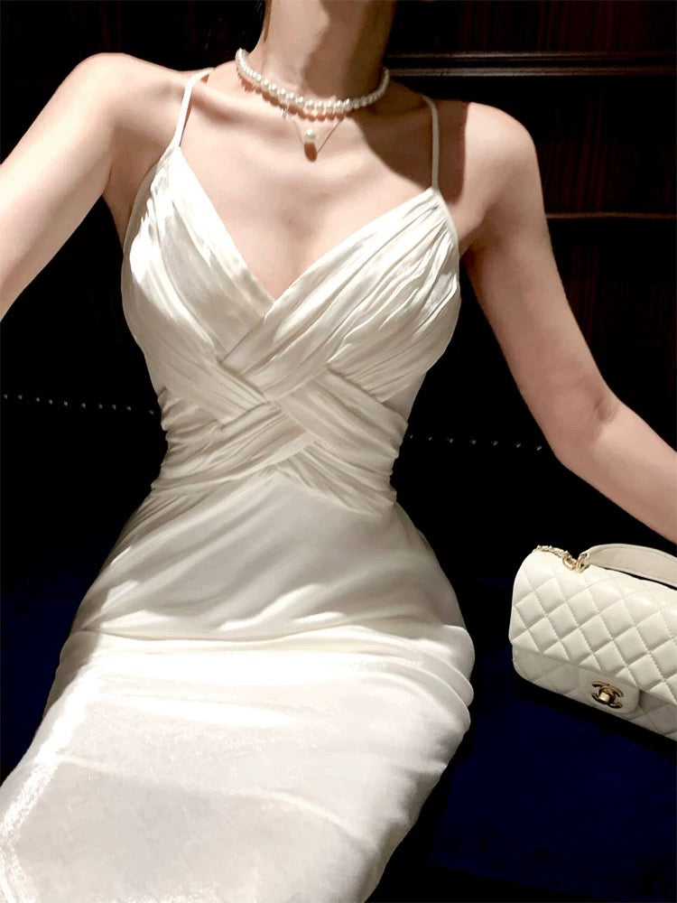 Classy Sheath Spaghetti Straps Sleeveless White Long Prom Dresses Evening Dress C2418