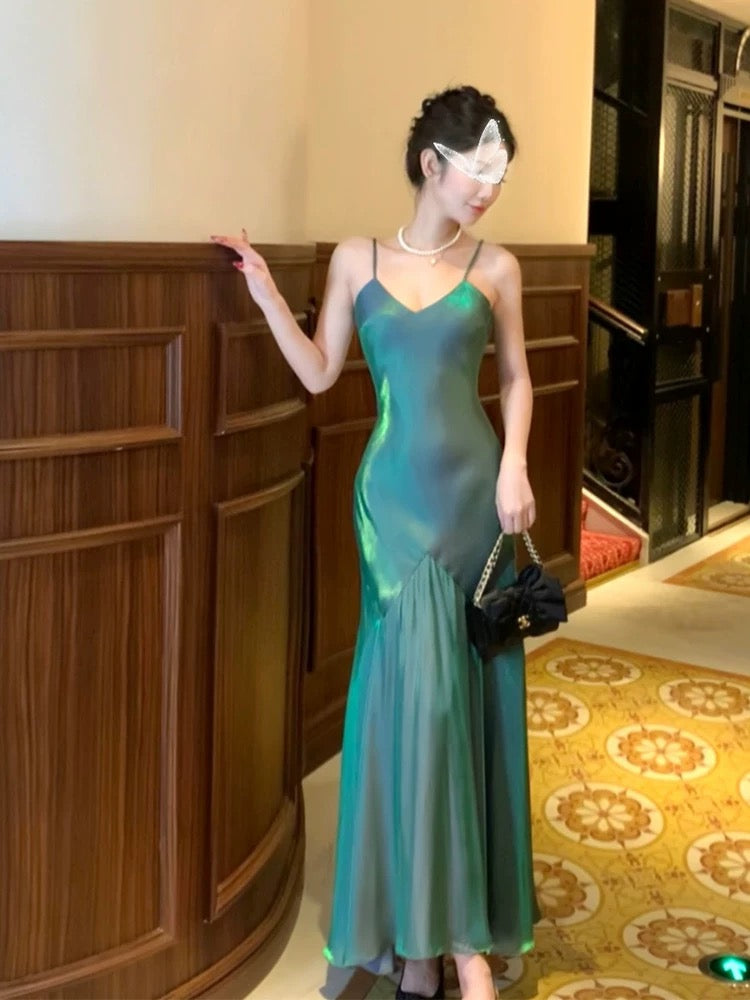 Vintage Sheath Spaghetti Straps Sleeveless Green Long Prom Dresses Evening Dress C2419