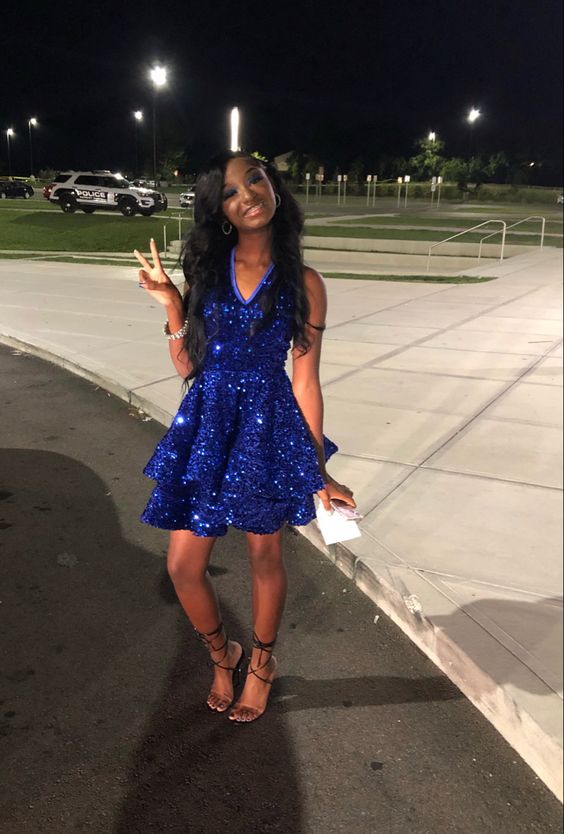 Sexy Women Royal Blue Sequin Homecoming Dress A line Spaghetti Straps With Ruffles C2427