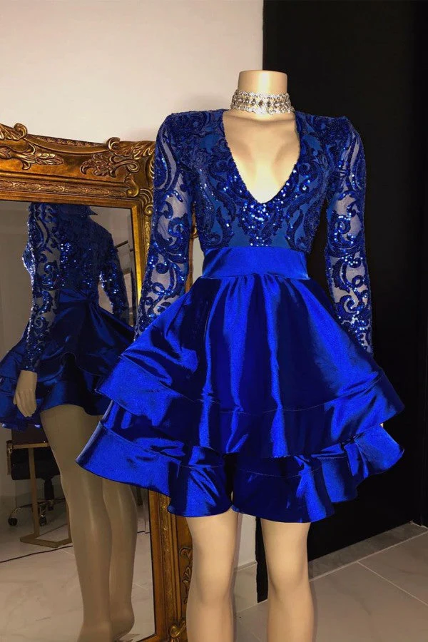 Robe de bal courte en dentelle à manches longues et col en V et paillettes bleues C2441