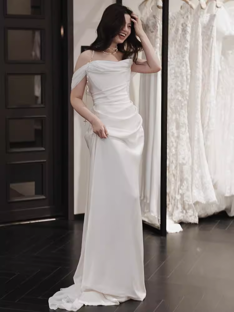 Simple A line Off The Shoulder Satin Ruffles Long White Wedding Dresses C244