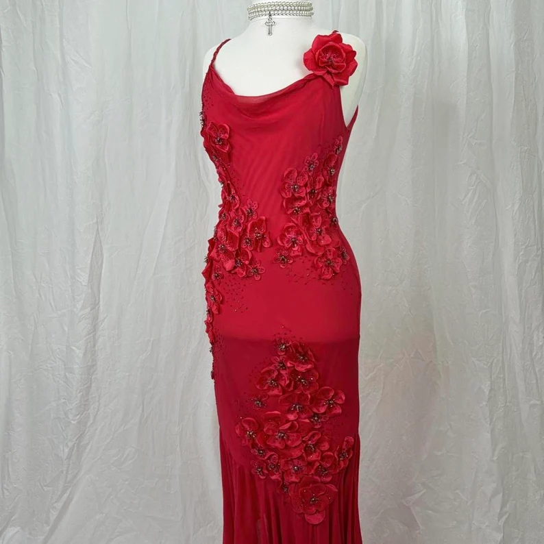 Robe de soirée sexy en mousseline de soie rouge sans manches avec bretelles spaghetti C2497