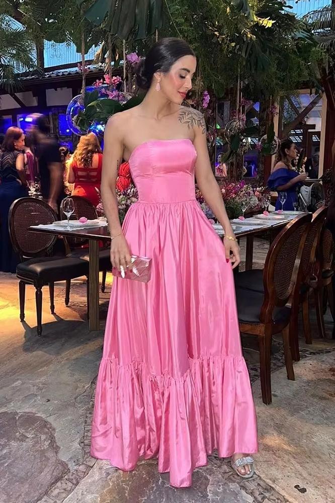 Classy Ball Gown Strapless Pink Floor Length Satin Slit Prom Dresses Prom Gowns C2533