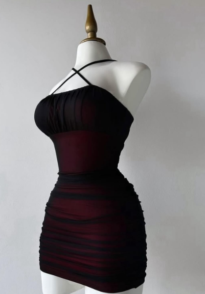 Robe de soirée fourreau simple noire bordeaux à licou, robe de cocktail courte à volants C2559