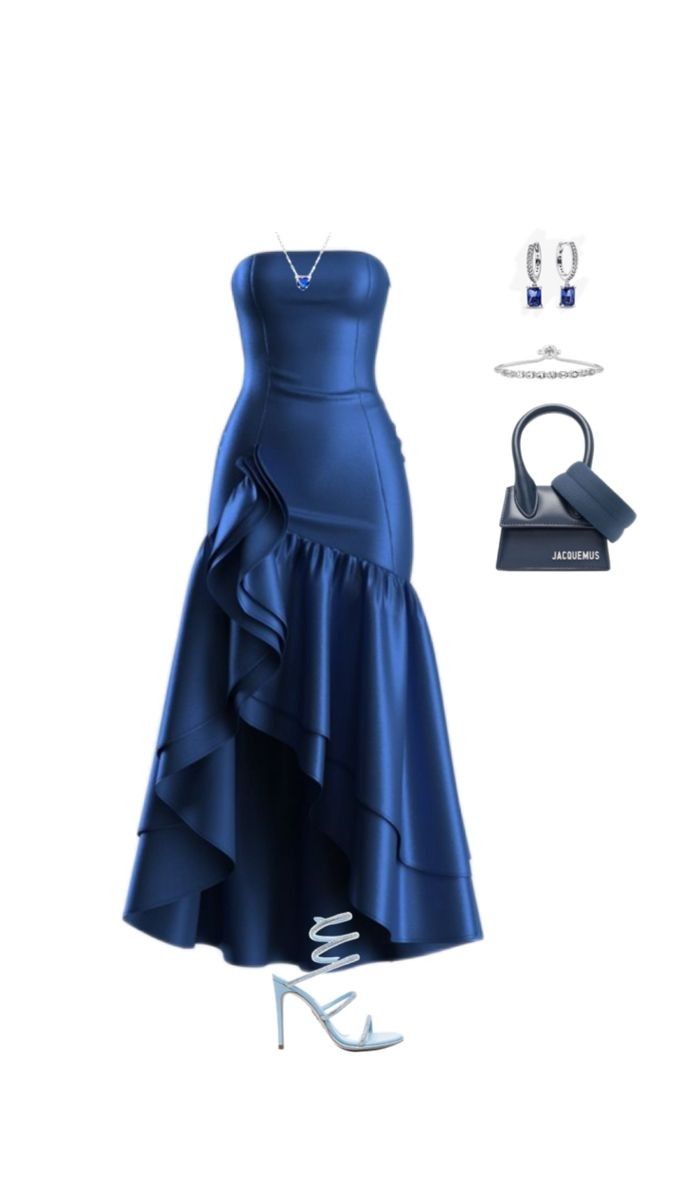 Robe de soirée longue à volants bleu marine sans bretelles et haut bas fantaisie C2587
