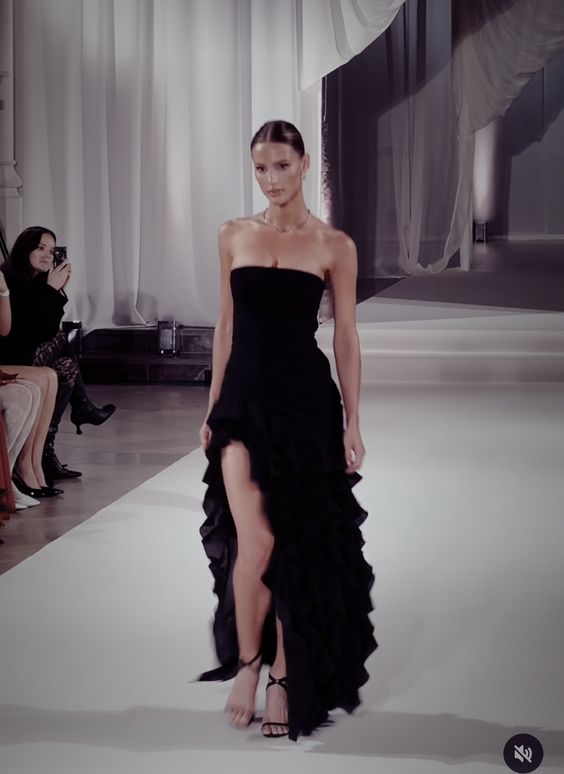 Robe de soirée en mousseline noire à bretelles hautes et basses, longueur au sol, C2594