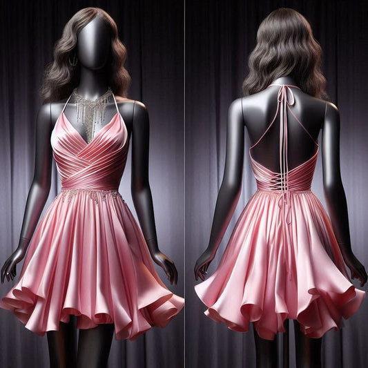 Robe de soirée courte en satin rose à col licou et ligne A simple C2604