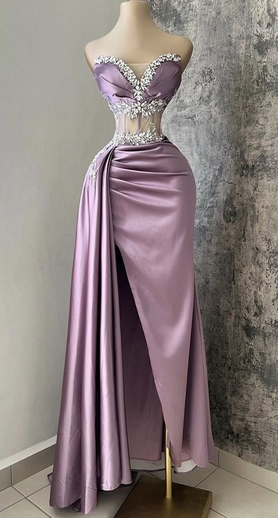 Robe de soirée sexy fourreau sans bretelles en satin lilas fendue au sol Robe de bal C2611