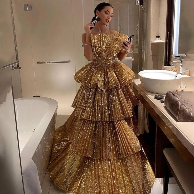 Fancy Ball Gown Strapless Gold Sequin Long Prom Dresses Evening Dress C2627