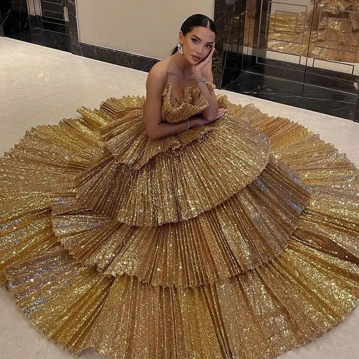 Fancy Ball Gown Strapless Gold Sequin Long Prom Dresses Evening Dress C2627