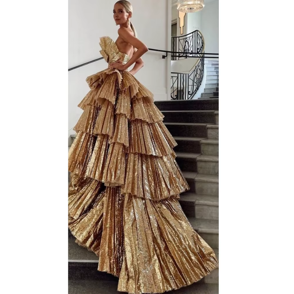 Fancy Ball Gown Strapless Gold Sequin Long Prom Dresses Evening Dress C2627