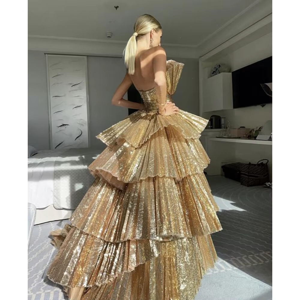 Fancy Ball Gown Strapless Gold Sequin Long Prom Dresses Evening Dress C2627