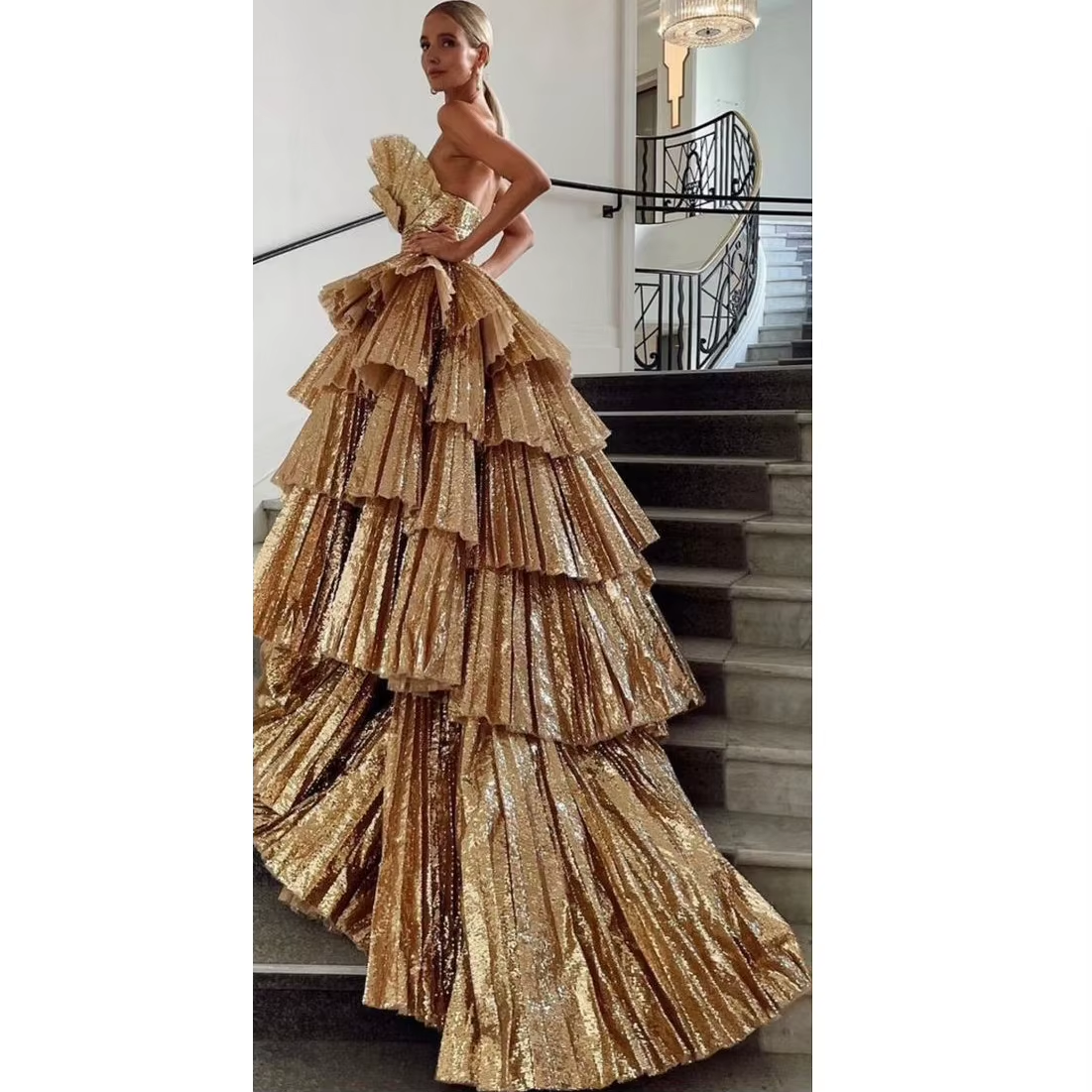 Fancy Ball Gown Strapless Gold Sequin Long Prom Dresses Evening Dress C2627