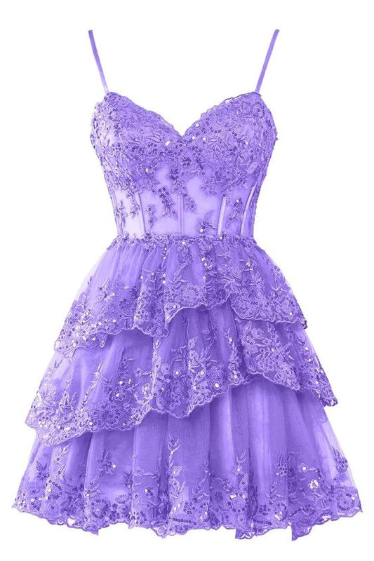 Robe de soirée courte en dentelle lilas à bretelles en forme de A pour 18e anniversaire C2661