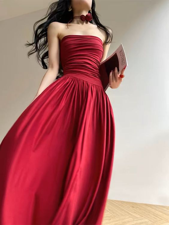 Fancy A Line Strapless Sleeveless Red Long Prom Dresses C2692