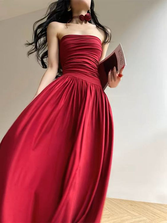 Robe de bal longue rouge sans manches à coupe A fantaisie C2692