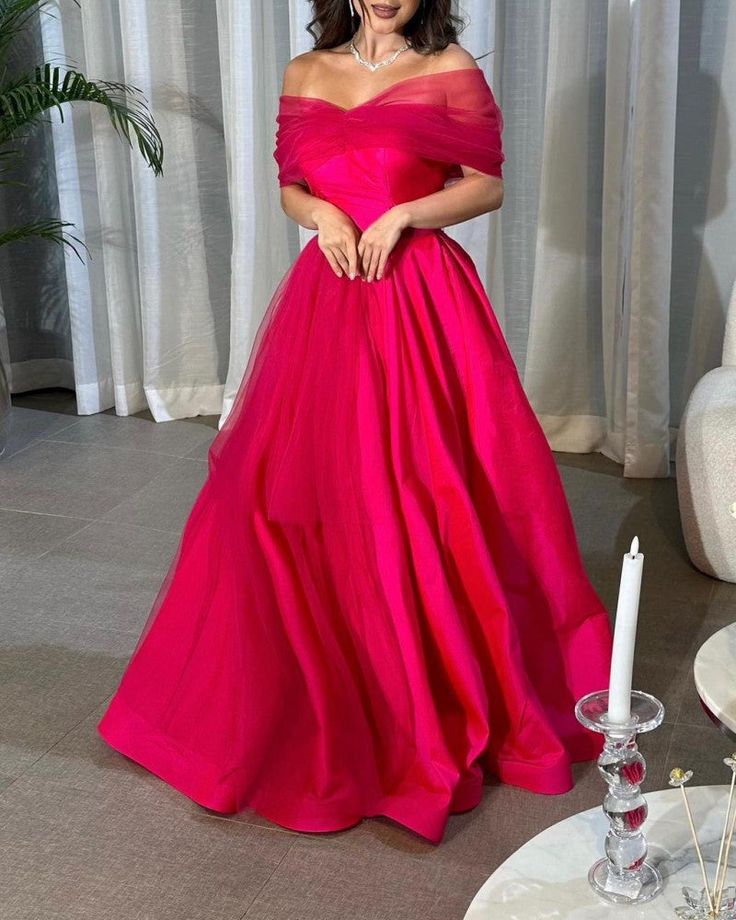 Fancy Off the Shoulder Hot Pink A-Line Evening Prom Dress C2693