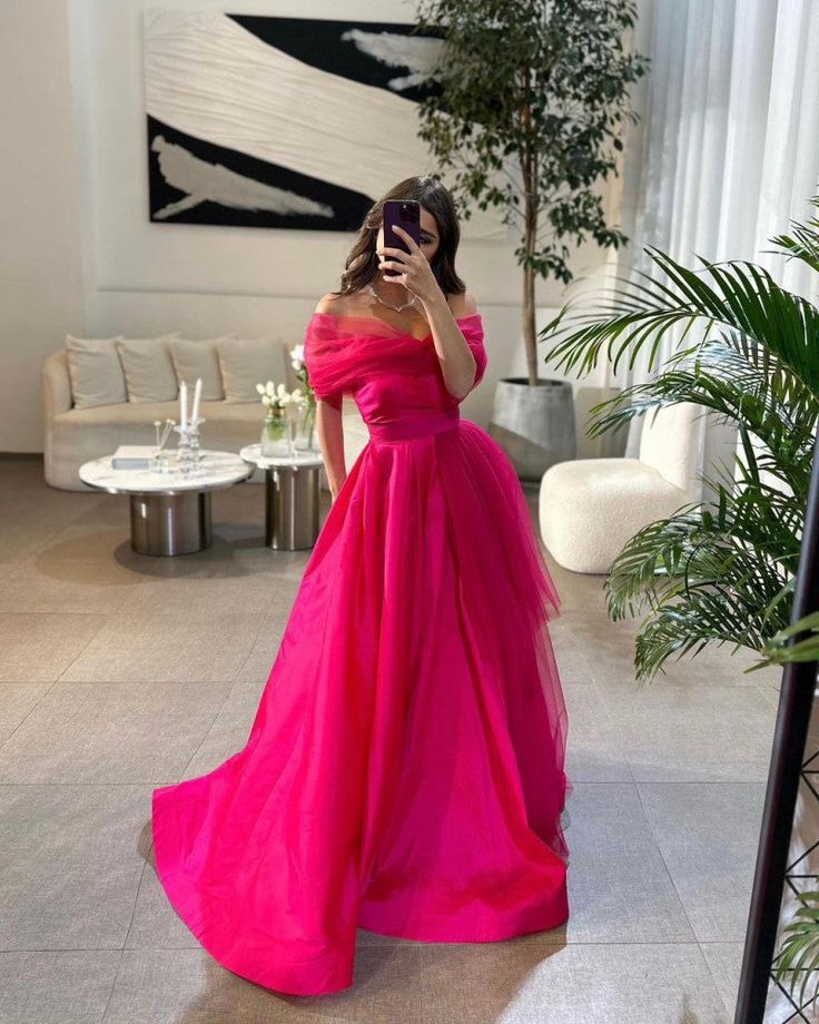 Fancy Off the Shoulder Hot Pink A-Line Evening Prom Dress C2693