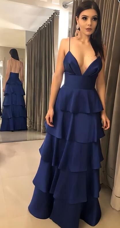 Fancy A Line Spaghetti Straps Sleeveless Satin Ruffles Long Prom Dresses C2694