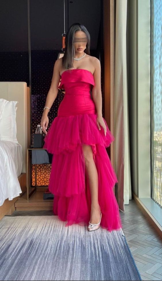 Pretty Sheath Strapless Hot Pink Layers Prom Dresses Formal Evening Dress C2696