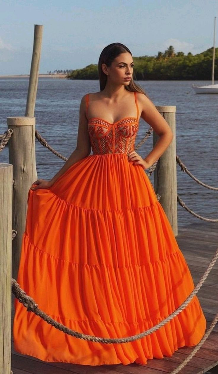 Pretty A line Spaghetti Straps Orange Lace Layers Prom Dresses Formal Evening Dress C2697