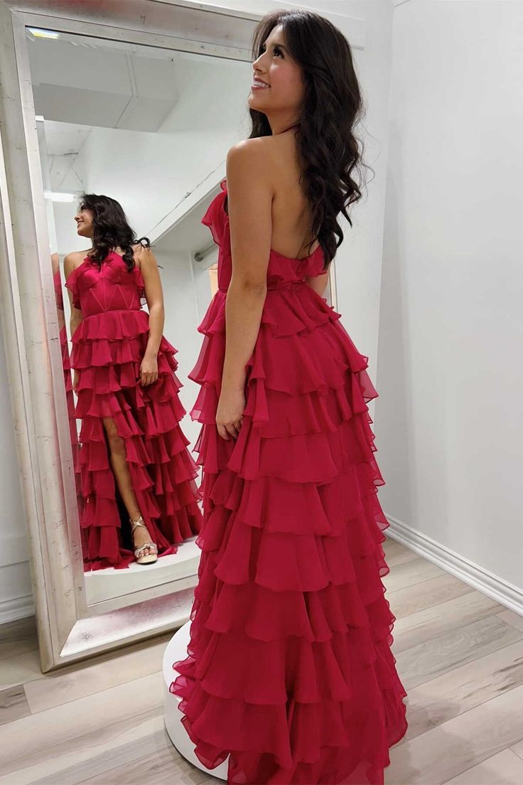 Fancy Halter Keyhole Ruffle Tiered Prom Dress with Slit Evening Gowns C2699