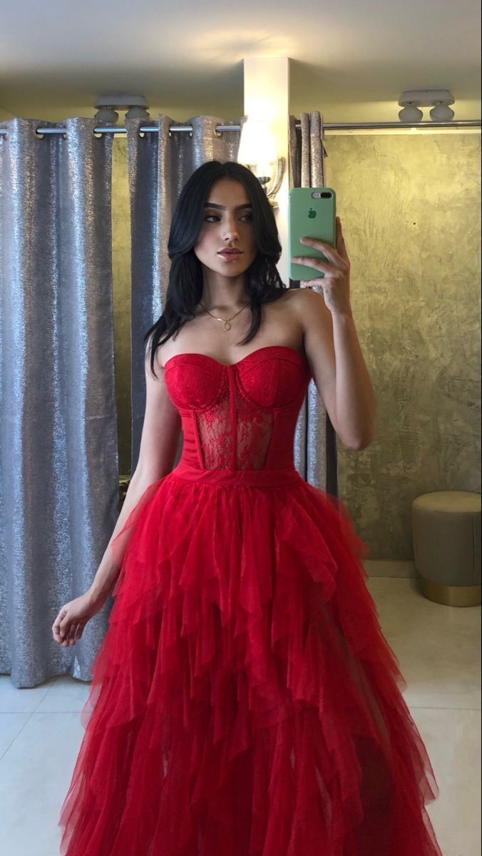 Pretty A line Strapless Red Ruffles Layers Tulle Prom Dresses Formal Evening Dress C2703