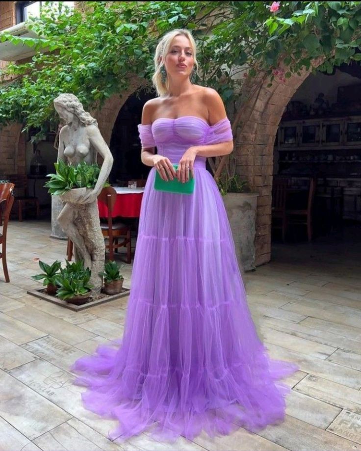 Pretty A line Off The Shoulder Lilac Tulle Fold Long Prom Dresses Formal Evening Dress C2710