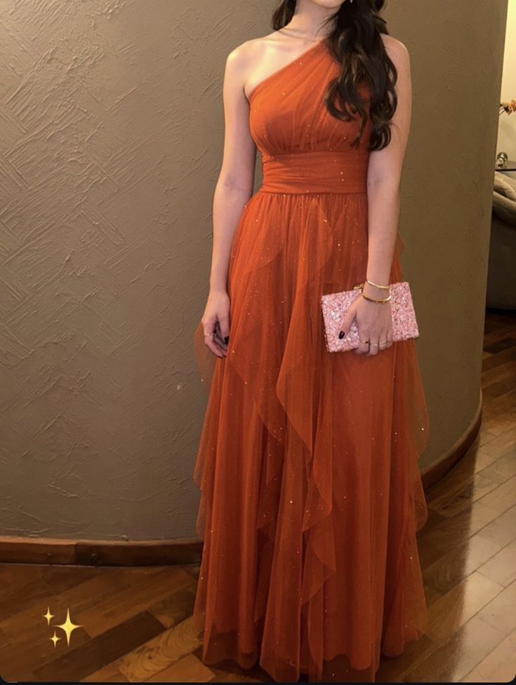 Pretty A line One Shoulder Tulle Rust Orange Long Prom Dresses Formal Evening Dress C2711