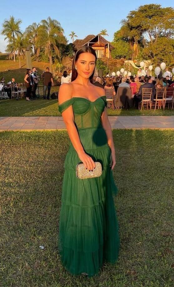 Pretty A line Off The Shoulder Tulle Ruffles Layers Long Green Prom Dresses Formal Evening Dress C2713