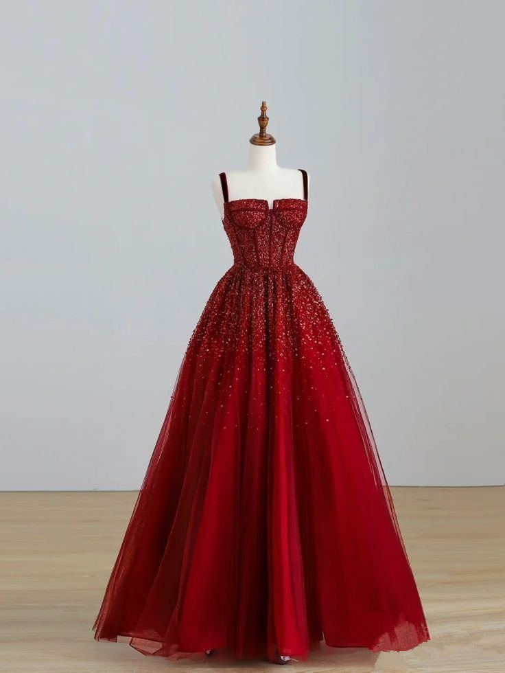 Pretty A line Straps Tulle Sequin Long Burgundy Prom Dresses Formal Evening Dress C2715