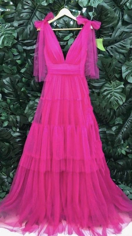 Pretty A line V Neckline Tulle Pink Long Layers Prom Dresses Formal Evening Dress C2716
